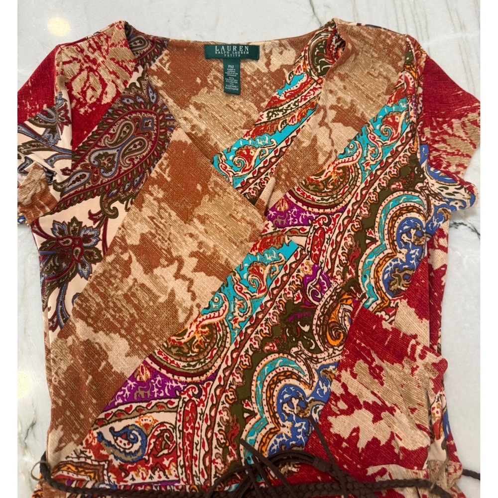 Lauren Ralph Lauren Petite Paisley Patchwork Faux Wrap Dress with Belt PM Red 71 - Picture 6 of 12